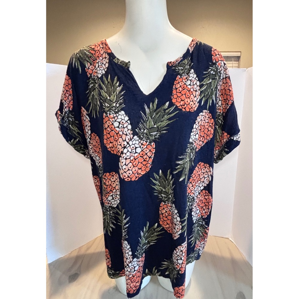 Lucky Brand Womens XL Navy Blue Pineapple Print Split V-Neck Knit Top 7W61973